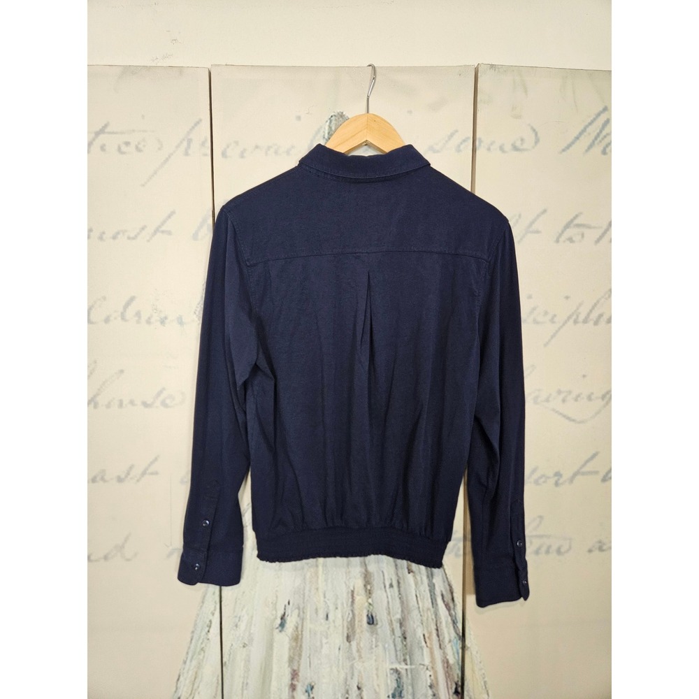 Buttercloth Icy Cotton LS Blouse Large Navy Blue Pre-Tucked Knit Button Down - Picture 2 of 8
